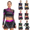 Womens Cheerleading Costume Set Long Sleeve Crop Top Skirt Rhinestone Dancewear Performance Outfit