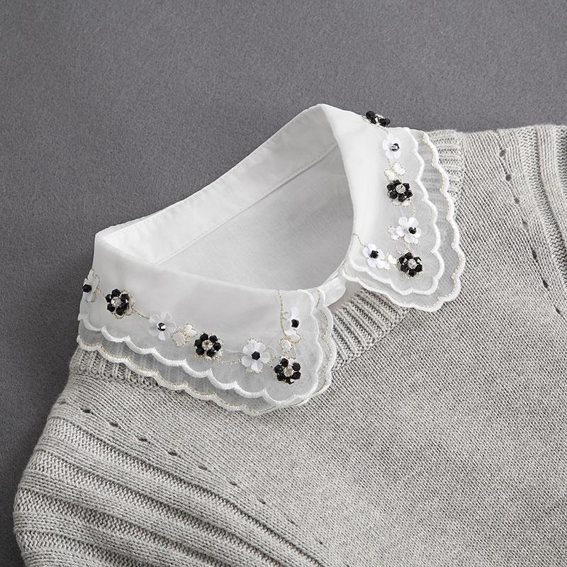Front Tie White Fake Collar Stand Beads Detachable Collar Fake Women Vintage Crystal Lace Ladies False Blouse Collar Half Shirt