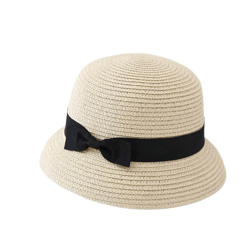 French bow straw hat women's summer sunshade sunscreen basin hat fashionable versatile small brim top hat trendy