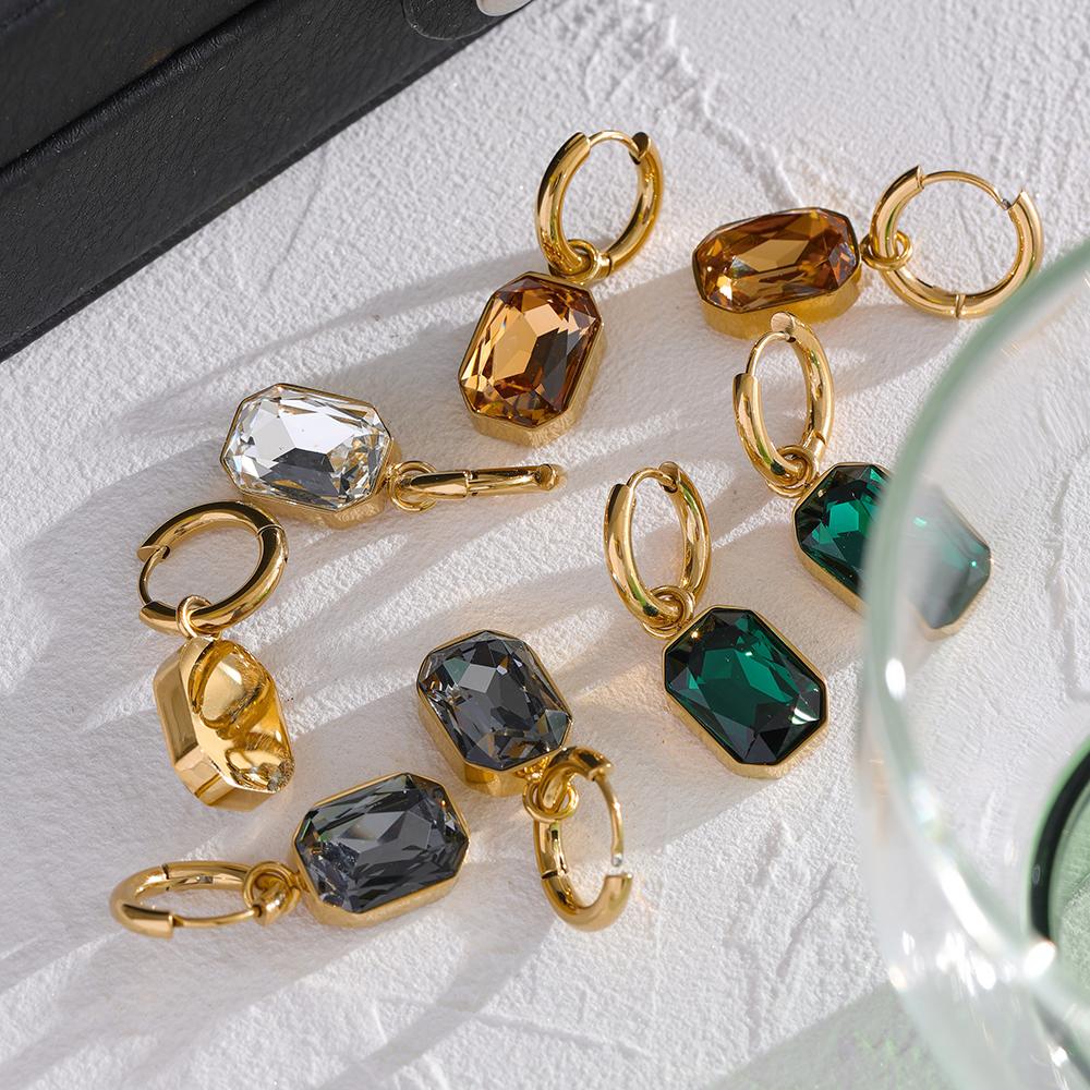 Eetit Stainless Steel Cubic Zirconia Drop Dangle Charms Trendy Earrings Green Square Geometric Earring Jewelry