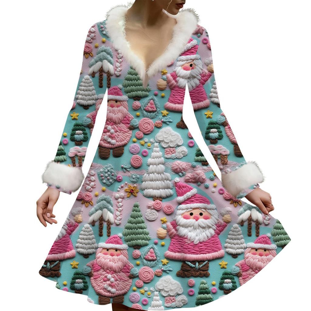 Женское повседневное платье с V-образным вырезом, рождественским принтом, плюшевыми длинными рукавами