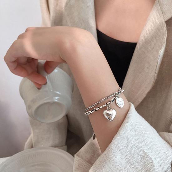 Heart Charm Bracelet Double-Layer Love Heart Alloy Bracelet Adjustable Bracelet with Heart Round Pendant Jewelry for Work Dating Anniversary Gift