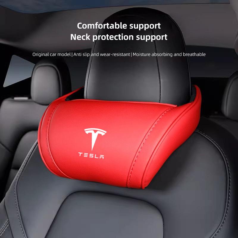 High-quality Leather Car Seat Headrest Memory Foam Comfort Neck Pillow For Tesla Model 3 Y S X Cybertruck Juguete Auto Interiors