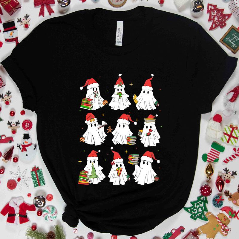 Christmas Ghost Short Sleeved Cute Ghost Printed Womens Loose and Comfortable Large Tshirt Party Clothing Womens Clothing