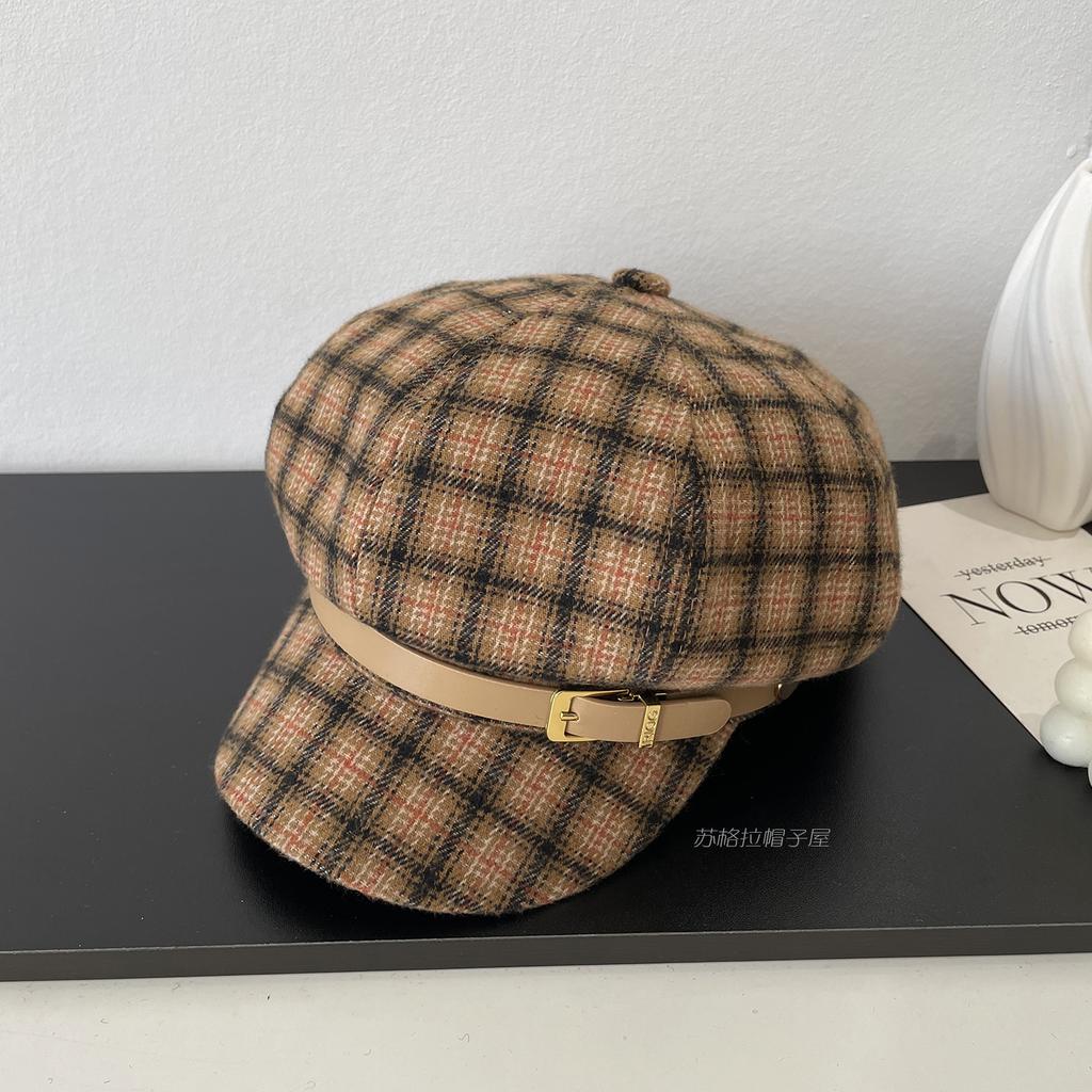 Classic Plaid Octagonal Hat Autumn Winter Fashion Trendy Casual Versatile Retro Beret