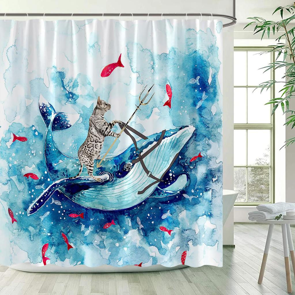 Funny Shower Curtains Cat Riding Shark Ocean Birds Sea Waves Cool Fun Bath Curtain Polyester Fabric Kids Bathroom Decor Sets