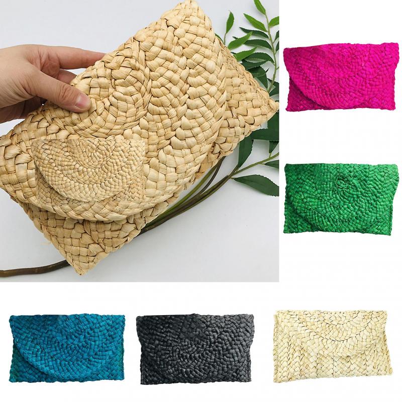 Straw Clutch Handmade Woven Solid Color Casual Large Capacity Gift Summer Women Girls Straw Envelope Phone Bag Daily Use