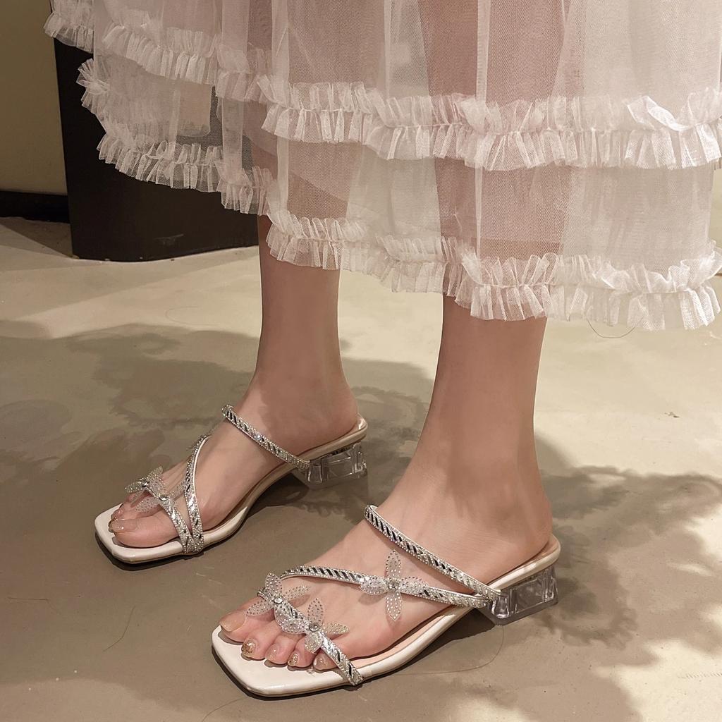 Luxury Glitter Butterfly Decoration Slip On Sandals Women 2025 Summer Square Toe Medium Heel Slides Clear Heel Slippers