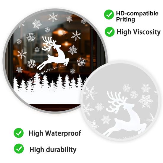 Seasonal Home Decor White Elk Christmas Window Clings, Snowy Xmas Tree Windows Stickers, Creative Winter Gifts Forest Trees Decorations for