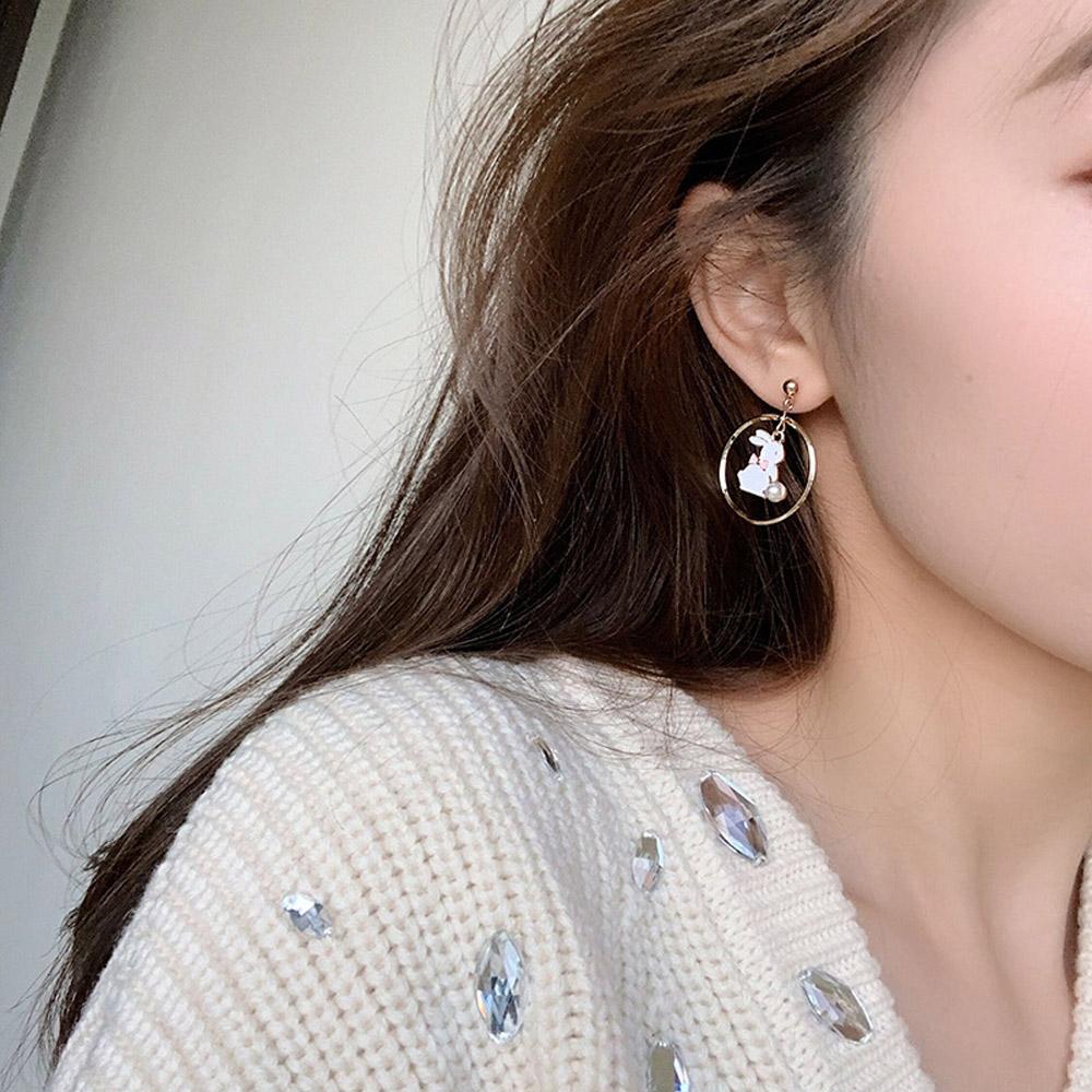 Sweet Personality Girl Moon Korean Asymmetric Earrings Rabbit Drop Earrings Anti Allergy Enamel
