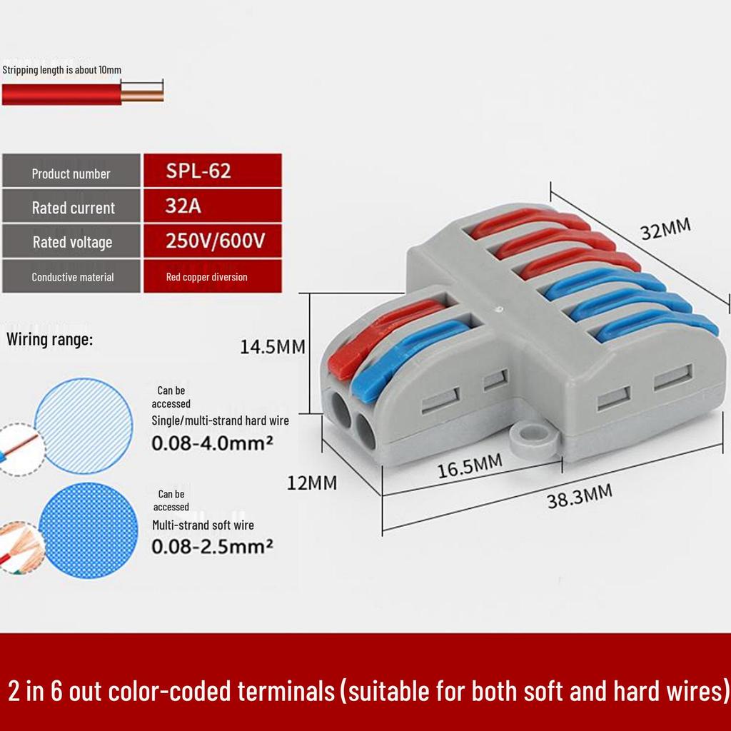 SPL-Splitter: 2-in-10-out, 2-in-12-out Quick Wiring Terminal, Press-Type, Orange/Multicolor.