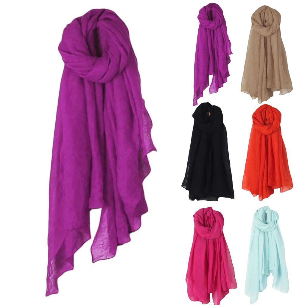 Cotton And Linen Scarf, Women's Spring And Summer, New Ethnic , Solid Color Shawl, Candy Color, Pleated  Scarf, Hijab Silk Scarf