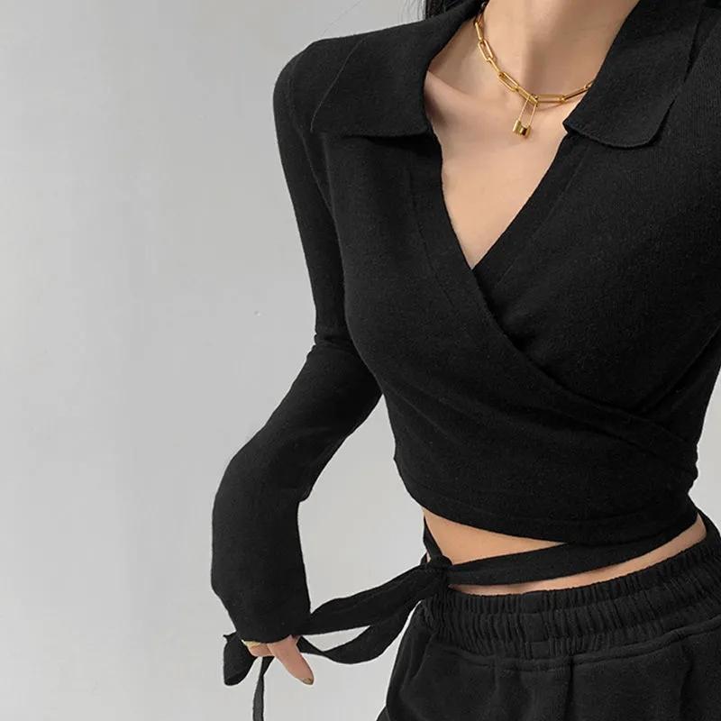 WTEMPO Рубашки-поло с перекрестной повязкой на талии для девочек, женские укороченные топы Y2K, женские весенне-осенние футболки с v-образным вырезом для фитнеса