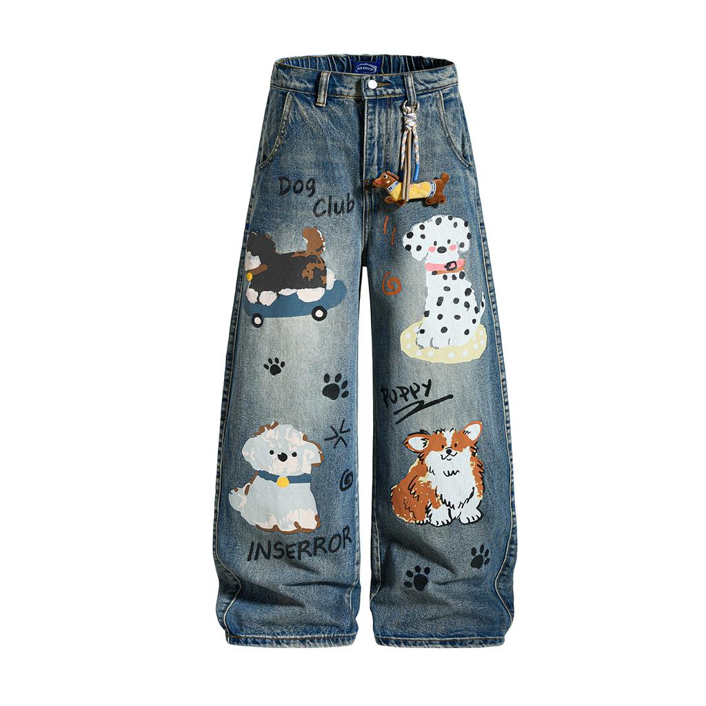 New American retro loose jeans cartoon animation personality cleanfit wide leg trousers