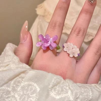 Уникальное фиолетовое цветочное акриловое кольцо в корейском стиле, эластичное кольцо с бусинами, модное кольцо на палец