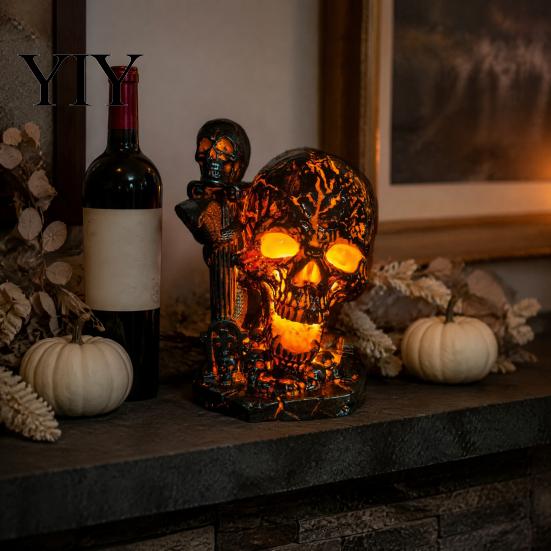 Decorative Desk Lamp Skull Table Lamp, Halloween Glowing Skeleton Resin Figurine, Gothic Ambient Mysterious Bedroom Decor Night Light for Mantel Shelf