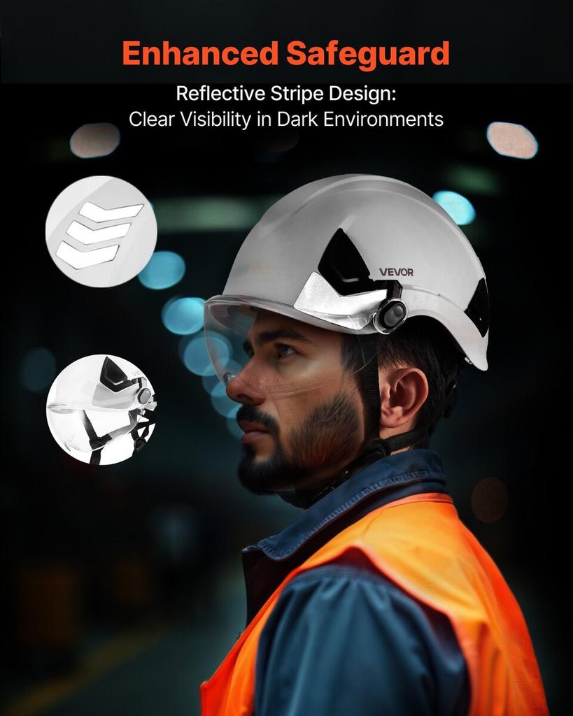 Industrial Safety Helmet, ANSI/ISEA Z89.1 Approved ABS Hard Hat with Visor & 6-Point Ratchet Suspension, Adjustable Vented Hardhat for Men & Women,