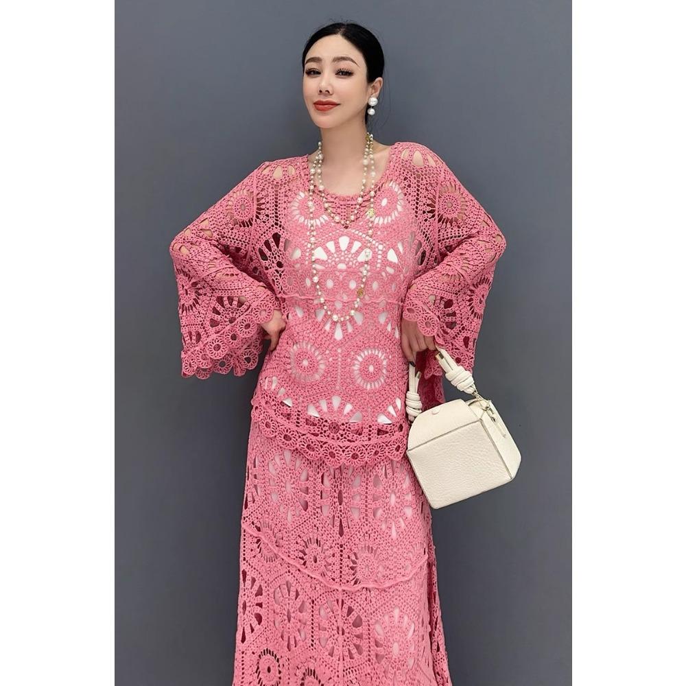 DIMANAF 2025 Новый Юбочный Костюм Женский Пляжный Короткий Рукав Кружева Трикотаж Ажурный Сексуальный О-Образный Вырез Ажурный Летний Стиль Топы Футболки Свободные Базовые