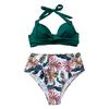 2Pcs/Set Women Sexy Bikini Set Halter Solid Color Bra Leaf Print High