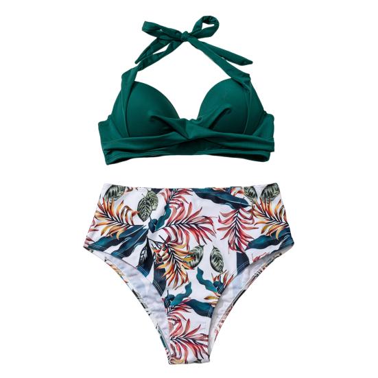 2Pcs/Set Women Sexy Bikini Set Halter Solid Color Bra Leaf Print High