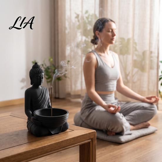 Desktop Buddha Statue Ornament 3D Printed Incense Holder for Stick Incense, Zen Burner Yoga Room Decor with Ash Catcher Bowl, Meditation Entryway Tea