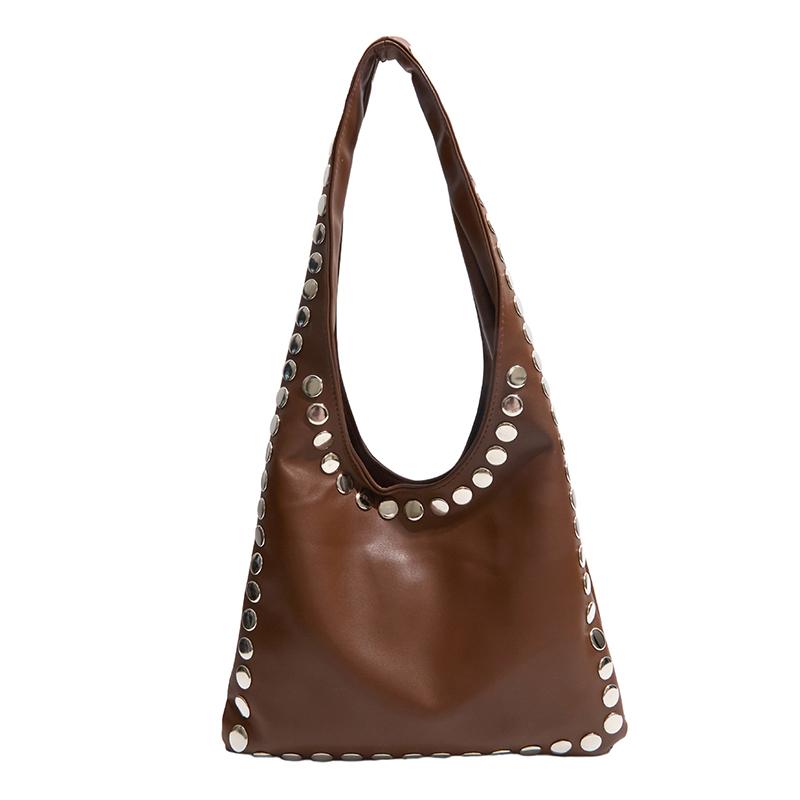 Large Capacity Soft Shoulder Bags Edgy Silver Studded Faux Leather Hobo Bag Youth Punk Style Handbag for Casual Outfits
