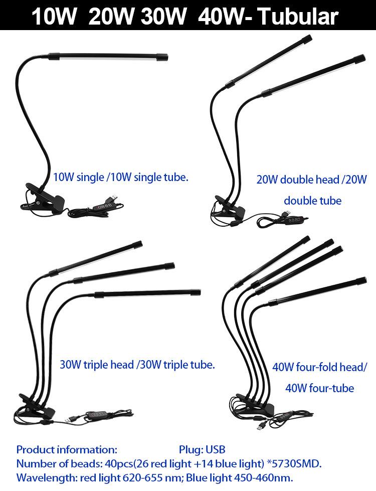 Водонепроницаемый светодиодный фитолампа с USB-зажимом для комнатных растений и рассады - полный спектр, регулируемое освещение