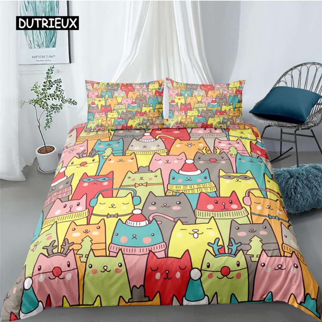 Cartoon Cat Duvet Cover Set for Kids Girl Microfiber Kitten 2/3pcs Cartoon Animal Bedding Set Single Twin Queen King Quilt Cover