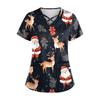 Women's Short Sleeve Stagger V Neck Christmas Print Pocket Dry-nurse Top