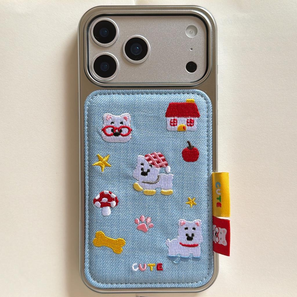 Винтажный Джинсовый Чехол для Телефона с Вышивкой Щенка для iPhone 17 16 15 14 Pro Max Милый Плюшевый Браслет-Шнурок с Бусинами Защитная Крышка для Женщин