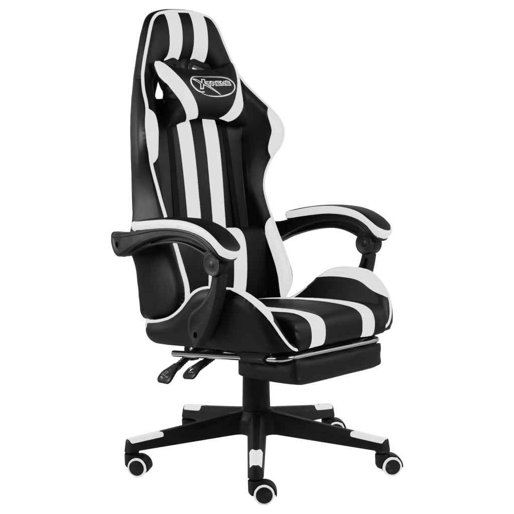 Gaming Chair with Footrest Black and White PU Leather