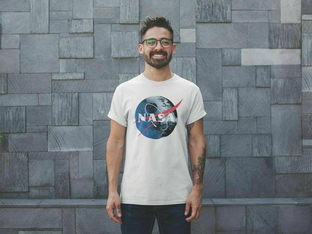 NASA Death Star Logo T Shirt Mens Space Saturn Moon Astronaut Retro Tee White