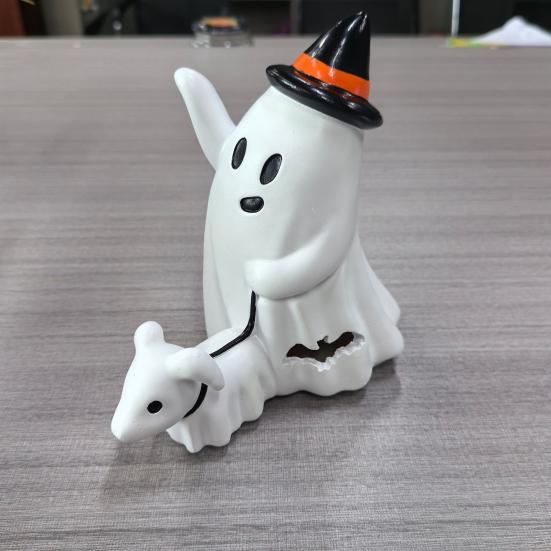 Hollow Bat Ornament Cute Ghost Walking Dog Statue, Halloween Indoor Resin Decorative Statue Figurine for Tabletop Mantel Shelf Home Party Decoration