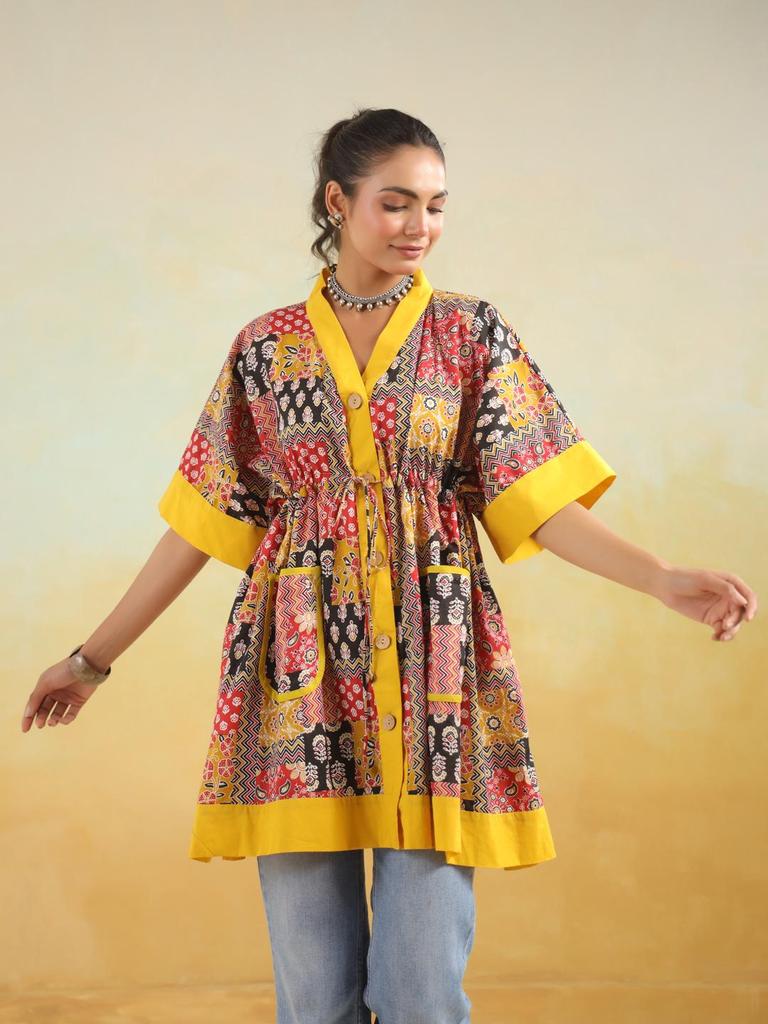 Верхняя туника из хлопка с ручным принтом, кафтан, туника из хлопка с карманами, свободного кроя, туника свободного размера, красно-желтый кафтан, ограниченный тираж