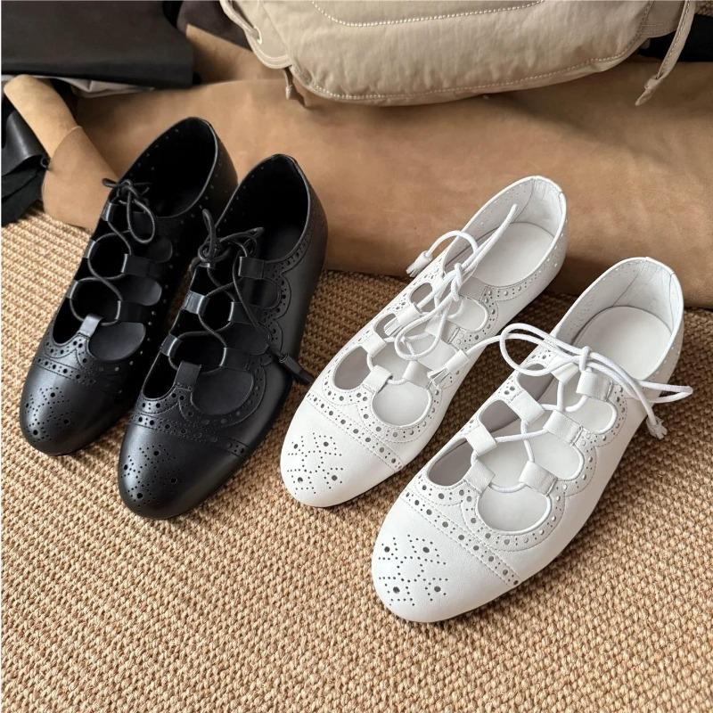 Fashion Women Solid Polka Dot Hollow Cross-Tied Sewing Lace-Up Woman Loafers Mules Mary Janes Ballet Dance Shoes Brogue Flats Summer