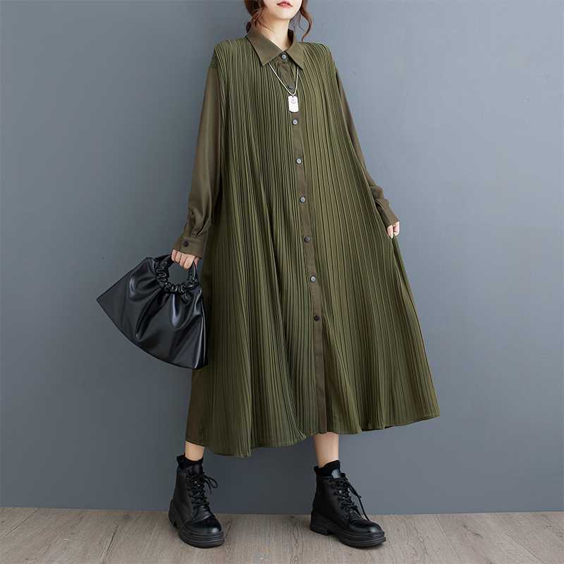 Women's Turn Down Collar Long Sleeve Loose Fit Pleated Midi Shirt Dress Casual