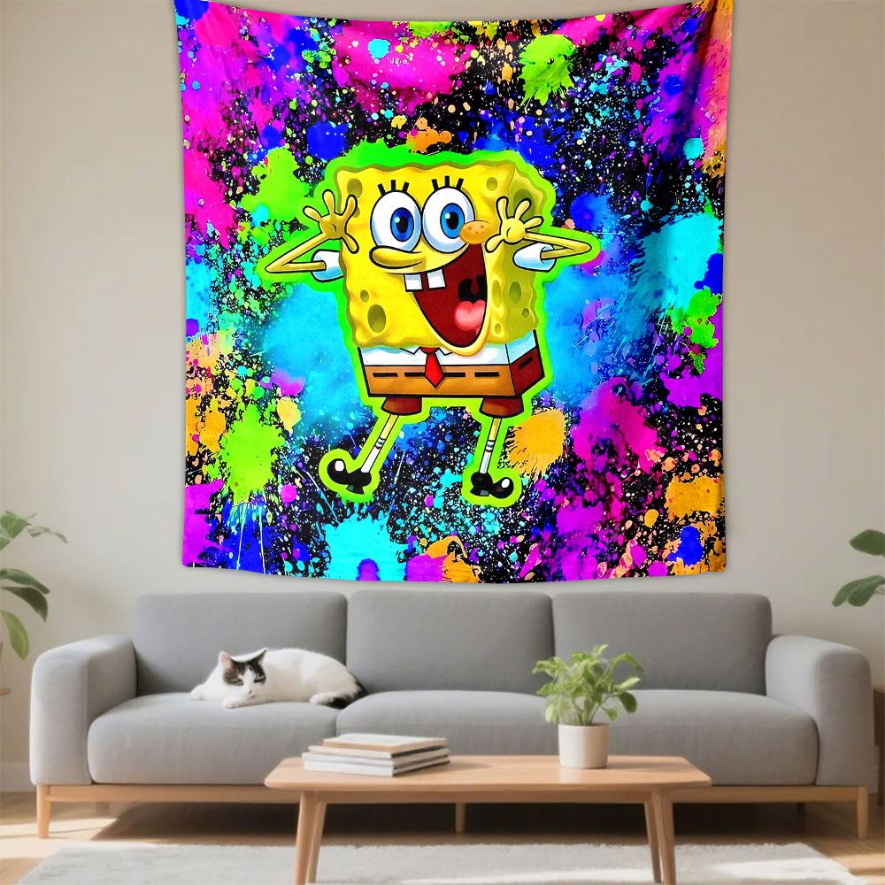 SpongeBob SquarePants Cartoon Character Wall Tapestry Neon Paint Splash Colorful Decor for Kids Bedroom Game Room Gift