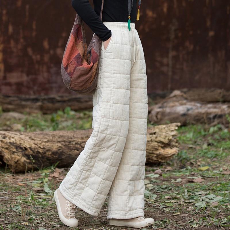 Johnature Женские винтажные зимние теплые прямые брюки на резинке однотонные с карманами брюки в китайском стиле