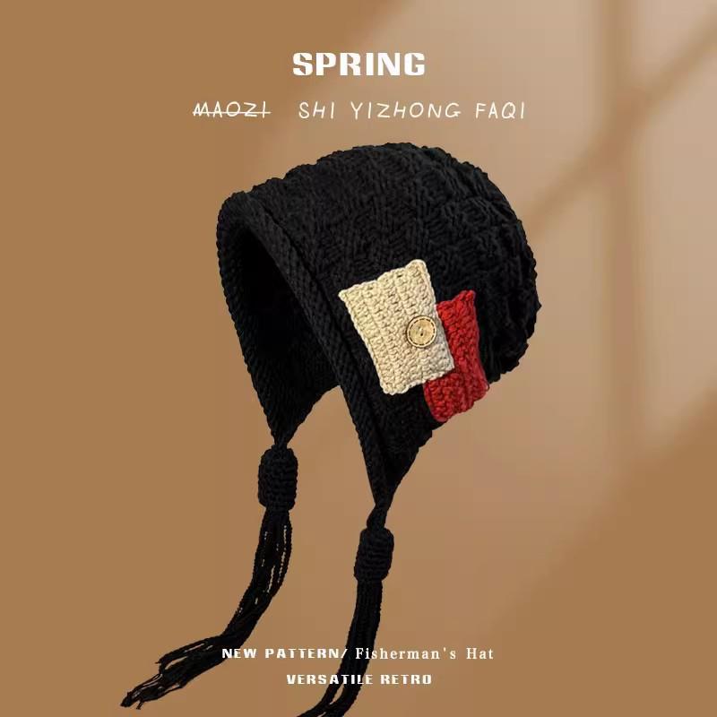 Korean Version Trend Tassel Warm Hat for Women Autumn and Winter Handmade Knitted Wool Hat Versatile Ear Protection Hat