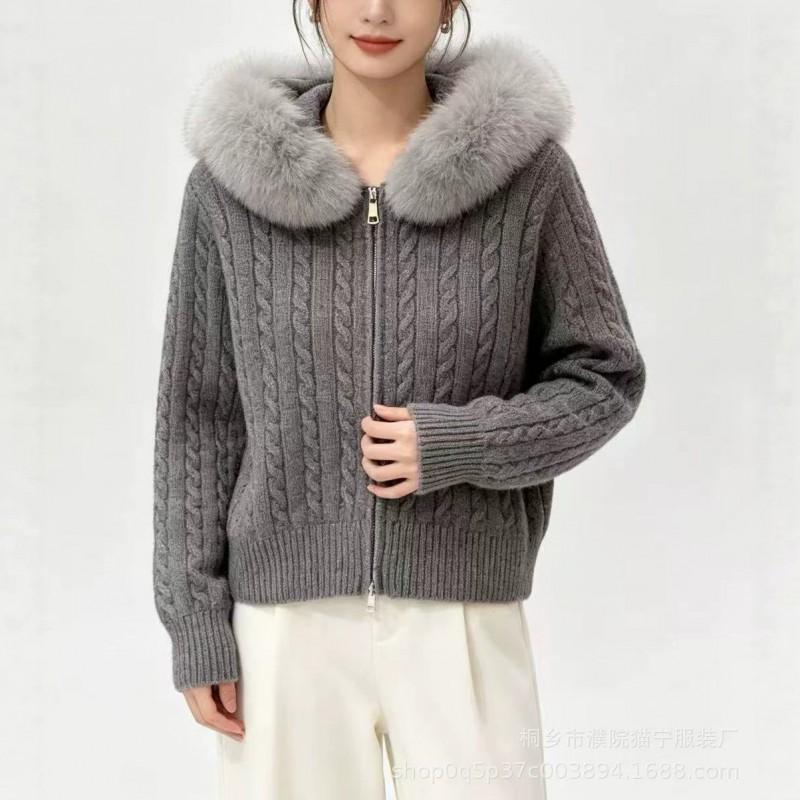 Womens Cable Knit Zip Hoodie With Thick Fur Collar Loose Fit Elegant Sweater