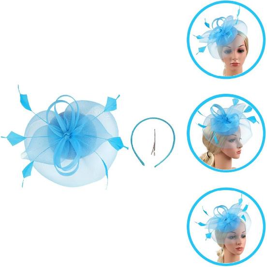 Abaodam Gauze Fascinator Headband with Mesh Flower Clip Women’s Bridal Tea Party Hat Lake Blue Special Occasion Accessory