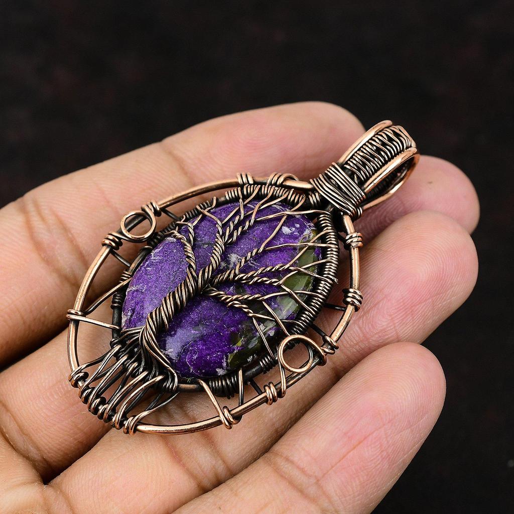 Подвеска из пурпурита «Дерево жизни» с драгоценным камнем, медной проволокой, подвеска ручной работы, проволочная обертка, ювелирное украшение в подарок для нее, изящные пурпуритовые украшения