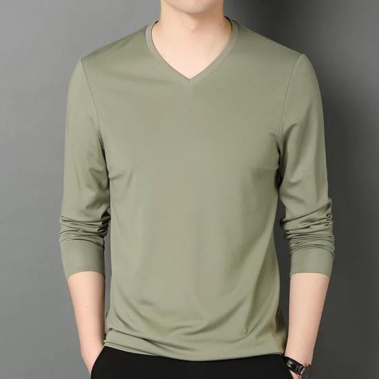 Men Fall Spring Top V Neck Long Sleeves Pure Color Slim Fit