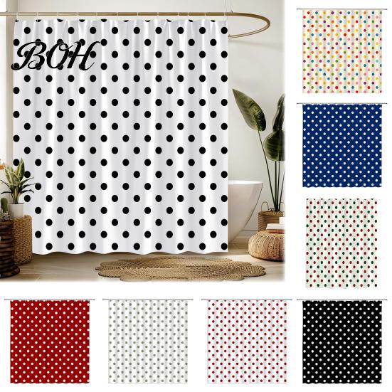 Water Repellent Fabric Shower Drapes Polka Dot Curtain with Hooks, Waterproof Bathroom Curtain, Retro Bath Hotel Quality Polyester Curtains