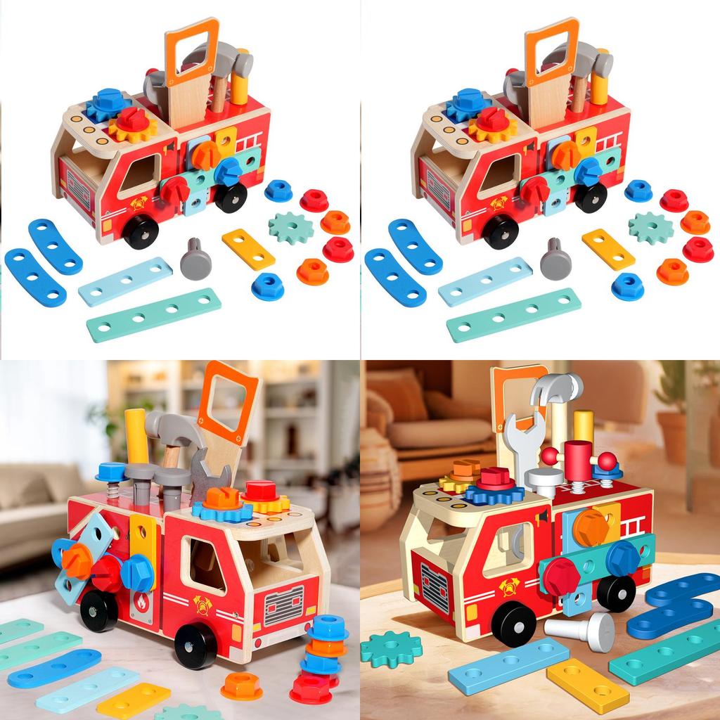 Educational Wooden Fire Engine Building Set For Childrens Cognitive Skills Development