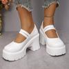 Double Buckle High Heels Mary Jane Shoes for Women Patent Leather Chunky Platform Pumps Woman Black White Lolita Shoes Female