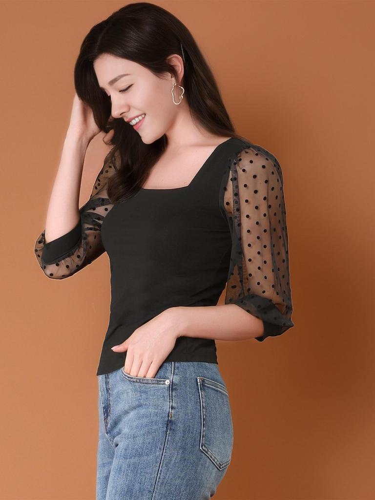 Allegra K Sleeve Chiffon Sexy Polka Square Mesh Size XL See-Through Blouse, 3/4 Blouse, Dots, Neck, Top, Slimming, Stylish, Gorgeous, Women's, Black,