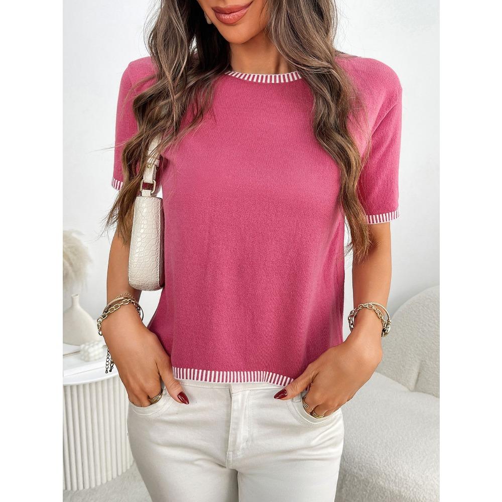 Летний новый женский свитер с круглым вырезом и короткими рукавами, полосатый вязаный свитер