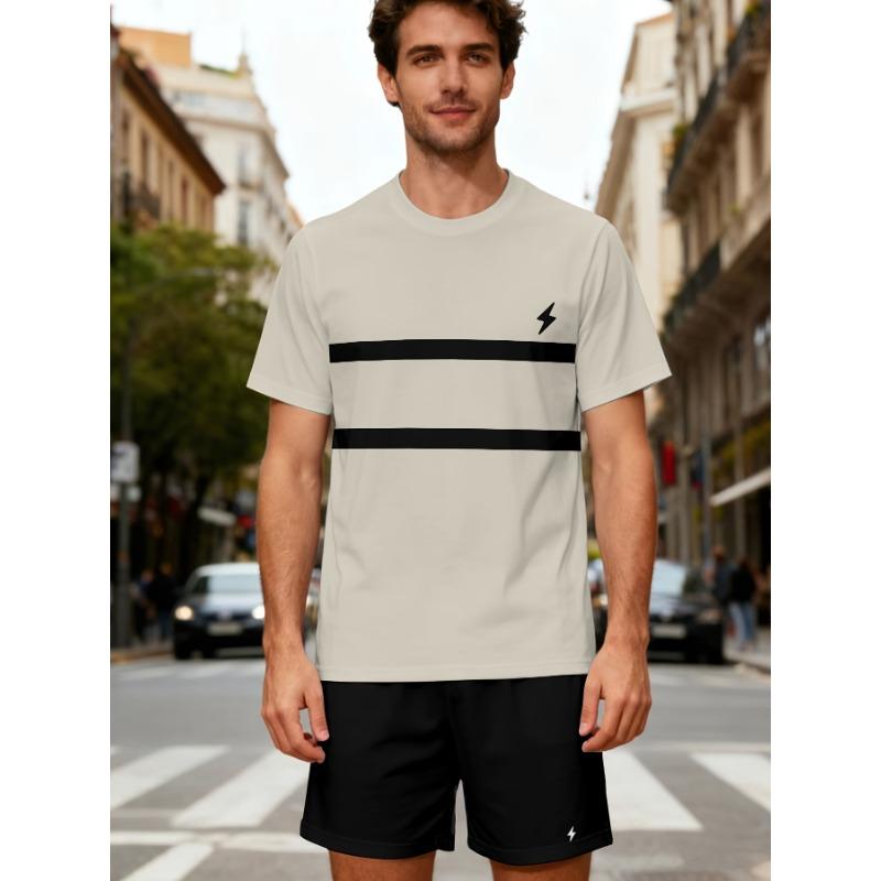 Plus Size Men's Casual Sports Suit Summer Stripes Printed T-Shirt And Shorts Set Breathable Outdoor Leisure Two Piece Outfit For Adult Men
