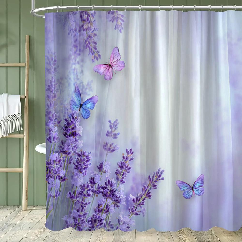 Purple Lavender Butterfly Pattern Shower Curtain,Flowers Bathroom Decorative Shower Curtain, Print Polyester Curtain With Hooks